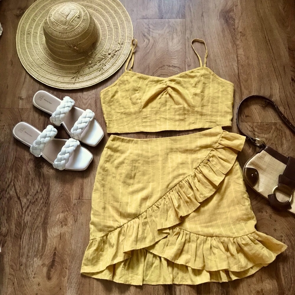 SHEIN Two Piece Mustard Yellow Skirt & Crop Top Lettuce Ruffle Wrap Skirt & Top